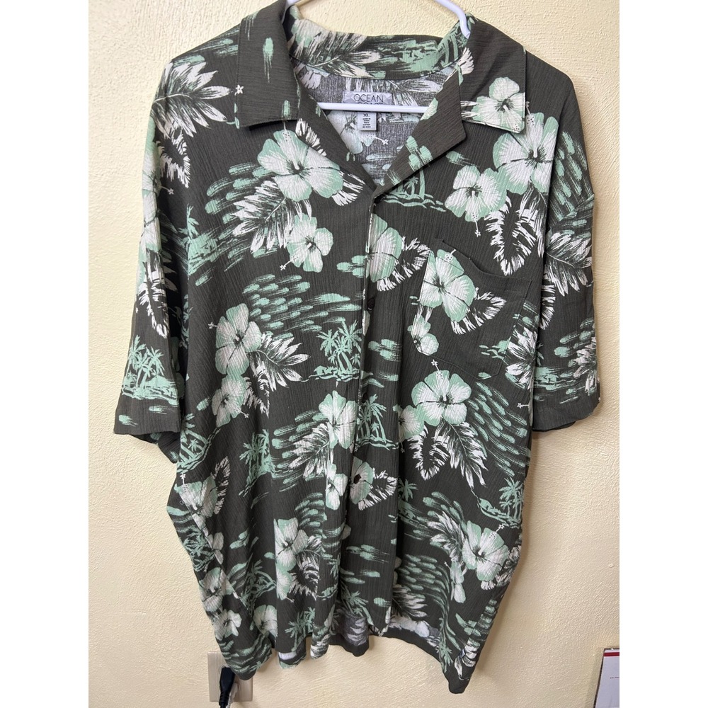 Ocean + Coast Mens XL Green Tropical Hibiscus Palm Tree Cotton Camp Shirt